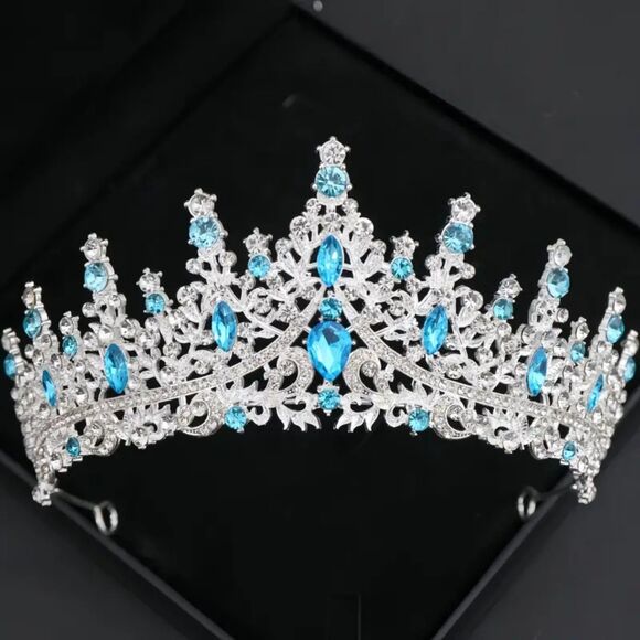 Wicked Silk Prom, Quinceanera Jeweled Crown Tiara Headband - Silver Light Blue - Picture 1 of 2
